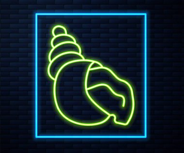 Parlayan neon hattı Scallop deniz kabuğu simgesi tuğla duvar arka planında izole edildi. Deniz kabuğu işareti. Vektör.