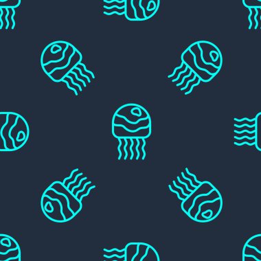 Yeşil çizgi denizanası ikonu mavi arka planda izole edilmiş pürüzsüz desen. Vektör.