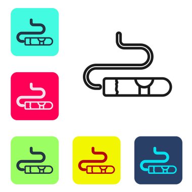 Beyaz arkaplanda siyah çizgi sigara simgesi izole edildi. Renkli kare düğmelerle simgeleri ayarla. Vektör.