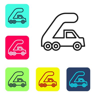 Siyah çizgili yolcu merdiveni beyaz arka planda izole edilmiş bir ikon. Havaalanı merdiveni yolculuğu. Renkli kare düğmelerle simgeleri ayarla. Vektör.