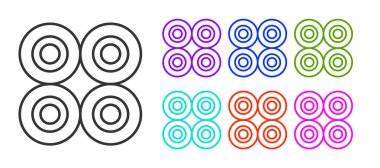 Siyah çizgi kaykay tekeri simgesi beyaz arkaplanda izole edildi. Kaykay tekerleği. Simgeleri renklendirin. Vektör.