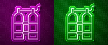 Parlayan neon hattı Aqualung simgesi mor ve yeşil arkaplanda izole edildi. Dalgıçlar için oksijen tüpü. Dalış ekipmanları. Olağanüstü bir spor. Su altı ekipmanları. Vektör.