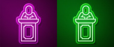 Parlayan neon hattı açık arttırmacısı mor ve yeşil arka planda izole edilmiş ikon satıyor. Açık arttırma işi, teklif ve satış. Vektör.