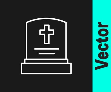 Siyah zemin üzerinde mezar taşı simgesi olan beyaz çizgi mezar taşı. Vektör.