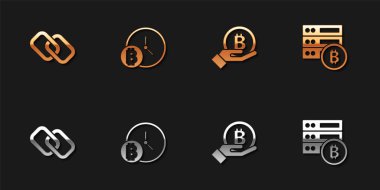 Zincir bağlantısını ayarla, Bitcoin ile saat, El ele tutuşmak ve Server bitcoin simgesi. Vektör.