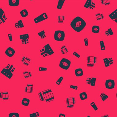 Tahta fıçı, şişe açacağı, bir paket bira şişesi ve Hop 'u kusursuz bir kalıba sokun. Vektör.