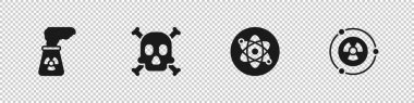 Nükleer enerji santrali, kemik ve kafatası uyarısı, atom ve radyoaktif ikon ayarla. Vektör.