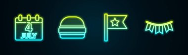 Takvimi 4 Temmuz, Burger, Amerikan bayrağı ve karnaval bayraklarıyla ayarla. Parlayan neon ikonu. Vektör.