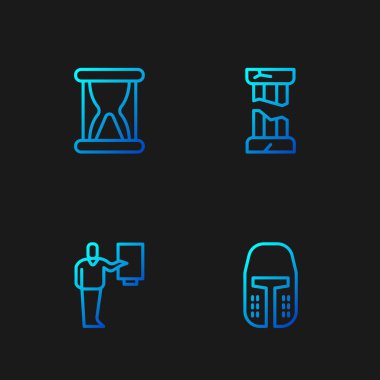 Ortaçağ demir miğferi, müze rehberi, kumlu eski kum saati ve kırık antik sütun. Renk simgeleri. Vektör.