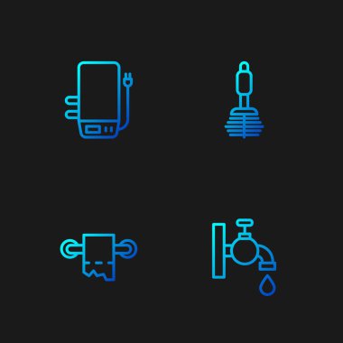 Hattı kurun. Su musluğu, tuvalet kağıdı rulosu, elektrikli kazan ve fırça. Renk simgeleri. Vektör.