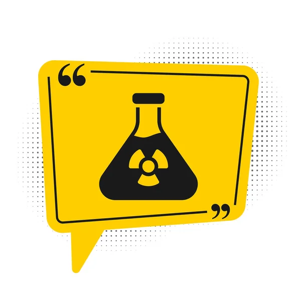 白い背景に単離された毒性の液体アイコンを持つブラック研究所の化学ビーカー バイオハザードシンボル 放射線アイコンと危険なシンボル 黄色のスピーチバブルシンボル ベクトル — ストックベクタ
