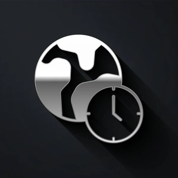 Silver World Time Icon Απομονωμένο Μαύρο Φόντο Μακρύ Στυλ Σκιάς — Διανυσματικό Αρχείο