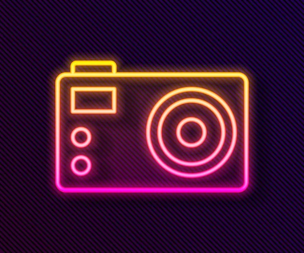 Glödande Neon Line Fotokamera Ikon Isolerad Svart Bakgrund Fotokamera Digitalt — Stock vektor