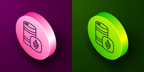 等距线金属啤酒桶图标隔离在紫色和绿色背景 圆形按钮 — 图库矢量图片