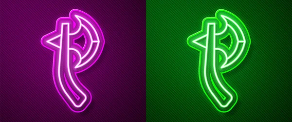 Glödande Neon Linje Trä Yxa Ikon Isolerad Lila Och Grön — Stock vektor