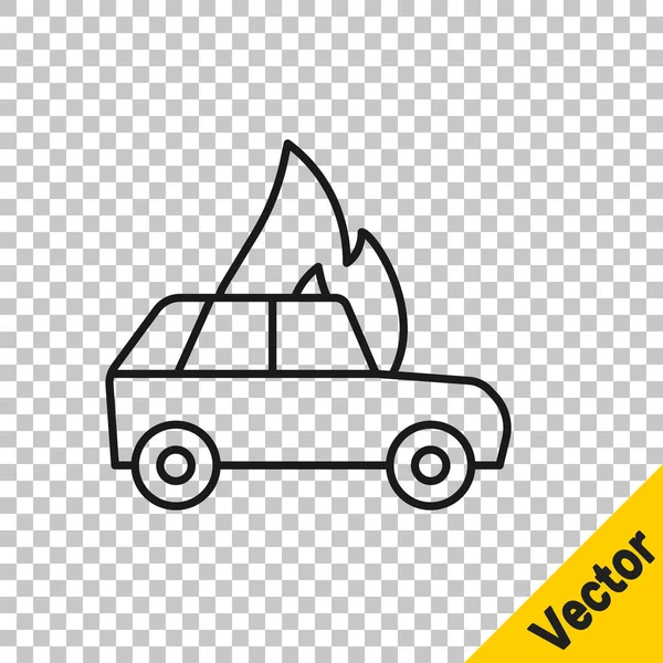 Černá Čára Spálené Auto Ikona Izolované Průhledném Pozadí Auto Hoří — Stockový vektor