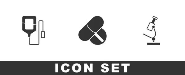Set Zak Medicijn Pil Tablet Microscoop Icoon Vector — Stockvector