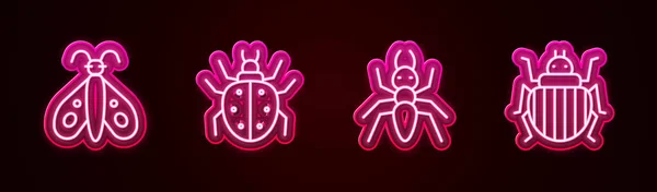 Установить Линию Butterfly Mite Ant Colorado Beetle Светящаяся Неоновая Икона — стоковый вектор