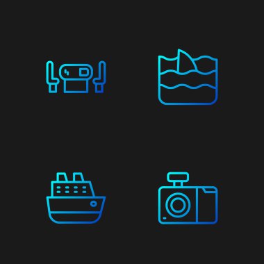 Fotoğraf makinesi, gezi gemisi, poker masası ve okyanus dalgasında köpekbalığı yüzgeci ayarla. Renk simgeleri. Vektör.