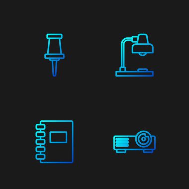 Çizgi film, film, medya projektörü, Spiral defter, Push pin ve masa lambası. Renk simgeleri. Vektör.