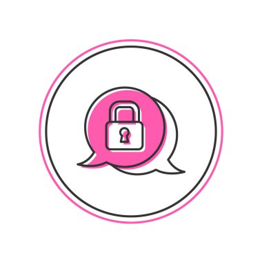 Beyaz arka planda izole edilmiş ana hatlı Siber güvenlik simgesi. Dijital devre kartında kapalı asma kilit. Güvenlik kavramı. Dijital veri koruması. Vektör