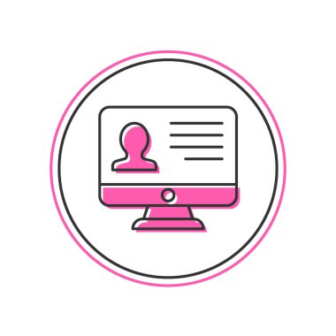 Doldurulmuş ana hatlı bilgisayar monitörü beyaz arkaplanda izole edilmiş özgeçmiş simgesiyle. Özgeçmiş başvurusu. Profesyonel personel aranıyor. Personel analizi devam ediyor. Vektör