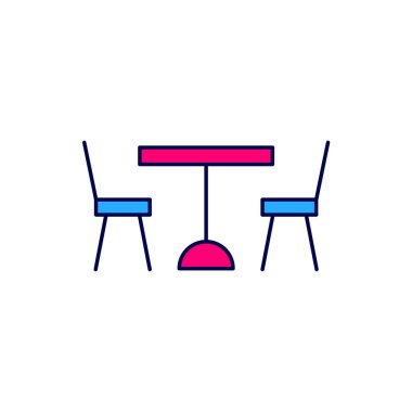 Tablo simgesinin her iki tarafında da beyaz arkaplanda izole edilmiş sandalyeler olan ana hatlı piknik masası. Vektör