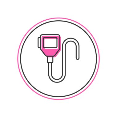 Beyaz arkaplanda izole edilmiş ana hatlı telsiz ikonu. Taşınabilir radyo vericisi simgesi. Radyo alıcı-vericisi işareti. Vektör