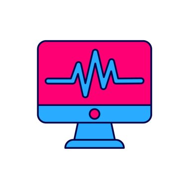 Beyaz arkaplanda izole edilmiş kardiyogram simgesiyle dolu ana hatlı bilgisayar monitörü. Simge denetleniyor. Kalp atışı elle çizilmiş EKG monitörü. Vektör.