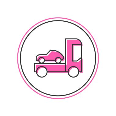 Beyaz arka planda izole edilmiş araba ikonunun taşınması için ana hatlı araç taşıyıcı kamyonu. Vektör.