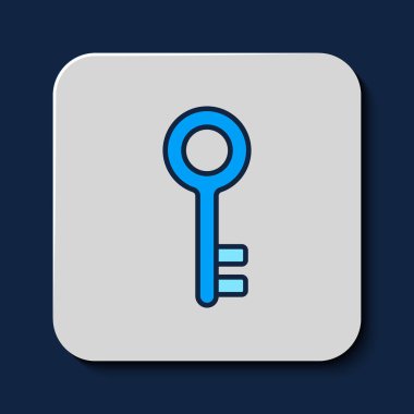 Filled outline House key icon isolated on blue background. Vector.