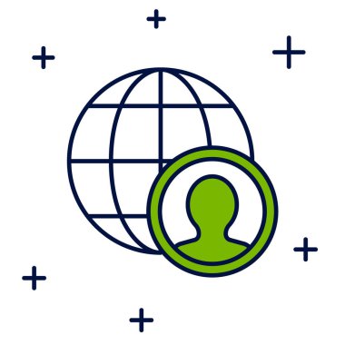 Globe ana hatlarıyla doldurulmuş ve beyaz arka planda izole edilmiş insan simgesi. Küresel iş sembolü. Sosyal ağ simgesi. Vektör.