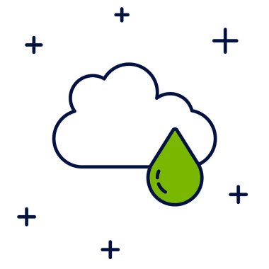 Beyaz arka planda izole edilmiş yağmur ikonu ile ana hatları doldurulmuş. Yağmur damlaları ile yağmur bulutu yağışı. Vektör.