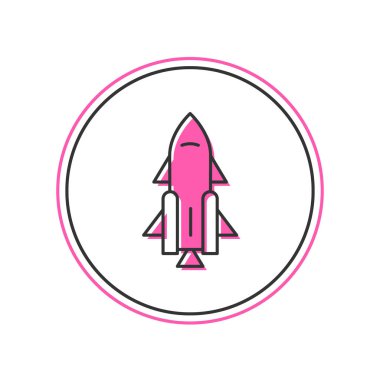 Filled outline Rocket ship with fire icon isolated on white background. Space travel. Vector.