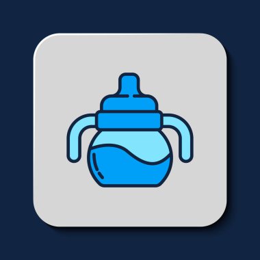 Doldurulmuş şişe simgesi mavi arka planda izole edilmiş. Beslenme şişesi simgesi. Süt şişesi tabelası. Vektör.