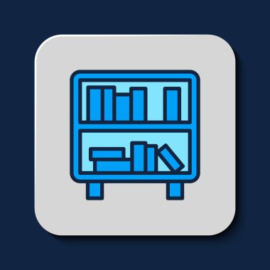 Mavi arkaplanda izole edilmiş kitaplarla dolu ana hatlı raf. Raflar işaretli. Vektör.