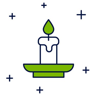 Doldurulmuş Yanan Mum simgesi beyaz arkaplanda izole edildi. Silindirik aromatik mum çubuğu ve yanan ateş. Mutlu Cadılar Bayramı Partisi. Vektör.