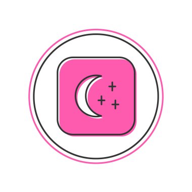 Doldurulmuş Ay ve yıldız simgesi beyaz arkaplanda izole edildi. Bulutlu gece işareti. Uyku rüyalarının sembolü. Dolunay. Gece ya da yatak zamanı tabelası. Vektör.