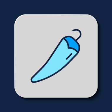 Doldurulmuş Hot chili biber kabuğu simgesi mavi arkaplanda izole edilmiş. Market, mutfak ürünleri, baharat ve baharat paketi, yemek kitabı için tasarım. Vektör.