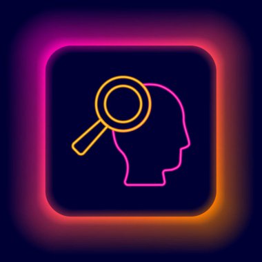 Glowing neon line Magnifying glass for search job icon isolated on black background. Recruitment or selection concept. Search for employees and job. Colorful outline concept. Vector.