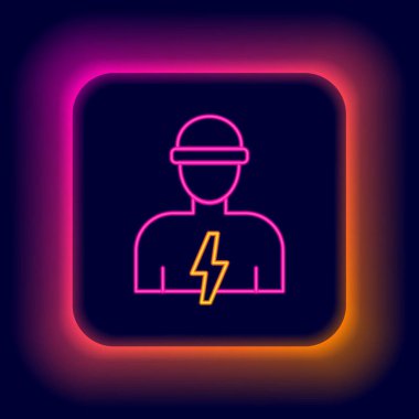 Parlayan neon hattı elektrik teknisyeni ikonu siyah arka planda izole edildi. Renkli taslak konsepti. Vektör.
