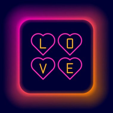 Parlayan neon satırı Love metin simgesi siyah arkaplanda izole edildi. Sevgililer Günü tebrik kartı şablonu. Renkli taslak konsepti. Vektör.