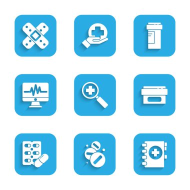 Tıbbi pano merhemi merhemi tüpü ilacını aramak için büyüteç ayarlayın. Kardiyogram şişesi ve çapraz bandaj alçı ikonu ile ilaç paketi monitörü. Vektör.