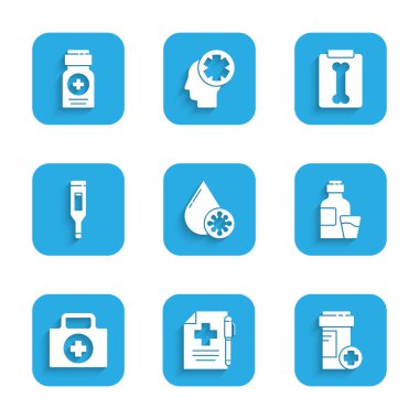 Kan testi ve virüs reçeteli ilaç şişesi şurubu ilk yardım seti dijital termometre röntgen ve ikon görüntülerini hazırla. Vektör.