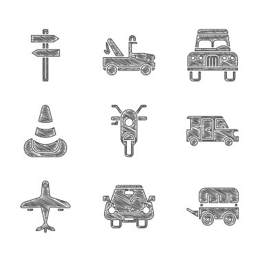 Scooter Car Wild West 'i Minibus Uçak Trafik Konisi ve Trafik Tabelasının simgesi olarak ayarlayın. Vektör.