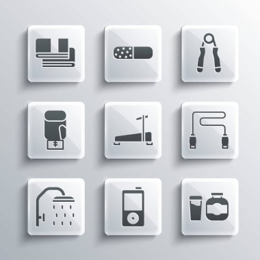 Müzik çalar, spor beslenme, ip atlama, koşu bandı duş başlığı, boks eldiveni, havlu destesi ve genişletme simgesi ayarla. Vektör.