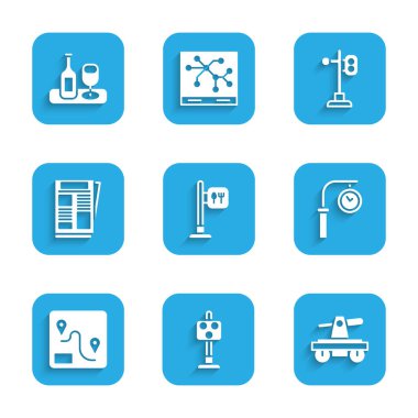 Kafe ve restoran konumunu ayarlayın. Tren trafik ışığı Draisine veya el arabası istasyonu saat rotası haberleri ve cam ikonlu şarap şişesi. Vektör.