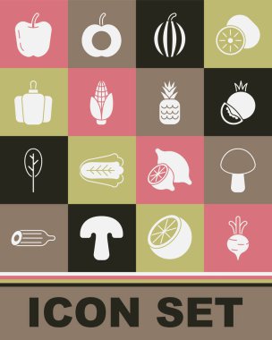 Pancar mantarı domatesli karpuz mısır çanı biberli elma ve ananas ikonu. Vektör.