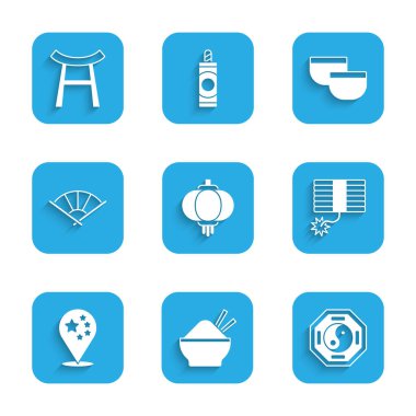 Çin kağıt feneri pirinç kabını yemek çubuğu Yin Yang Havai fişeği Çin bayrağı Japon fanı çay seremonisi ve Japon kapı ikonu ile ayarla. Vektör.