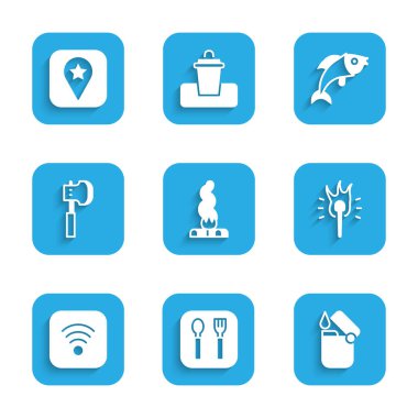 Kamp ateşi çatalını hazırla ve kamp ikonu için Wi-Fi kablosuz internet baltası al ve kamp yeri belirle. Vektör.